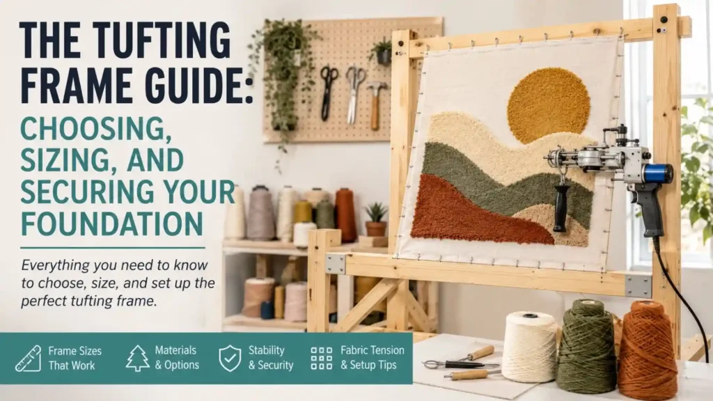 tufting frame guide showing wooden frame, tufting gun and yarn