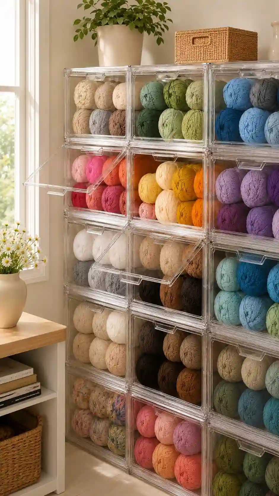 Yarn storage cabinet with clear doors holding skeins, balls, and cones sorted by color in a small craft room