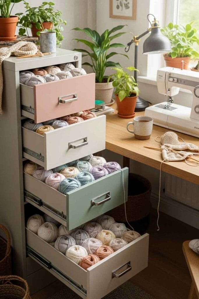 Repurposed filing cabinet used as yarn storage with organized drawers in a small craft room.