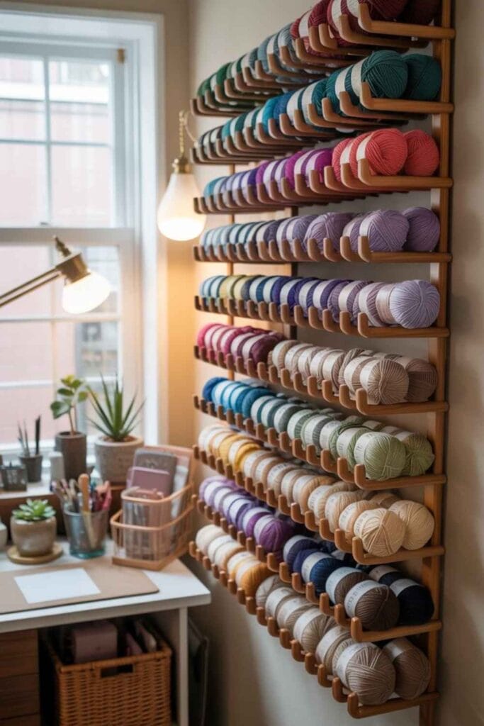 Wall mounted wine rack holding colorful yarn skeins displayed neatly in a cozy craft space.