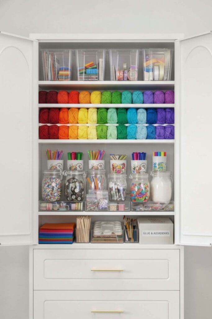 Closet tension rods holding colorful yarn skeins organized by color in a small craft space.