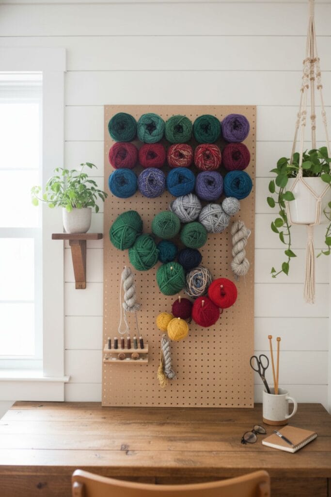 Pegboard wall organizer holding yarn balls and partial skeins in a small, well lit craft space.