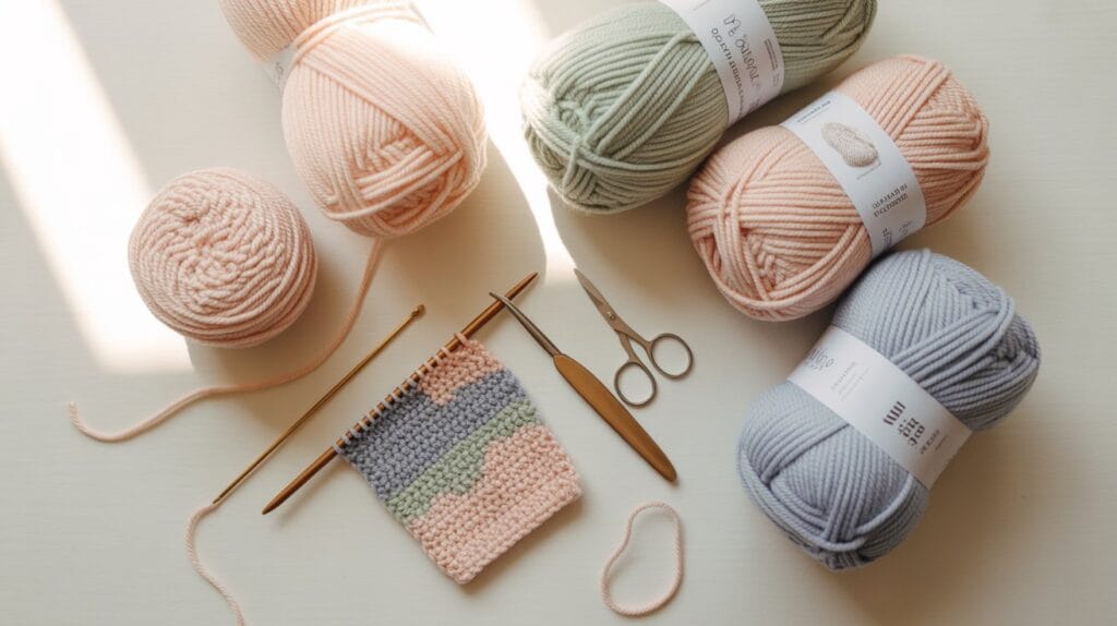 beginner yarn crafts flat lay of knitting and crochet materials