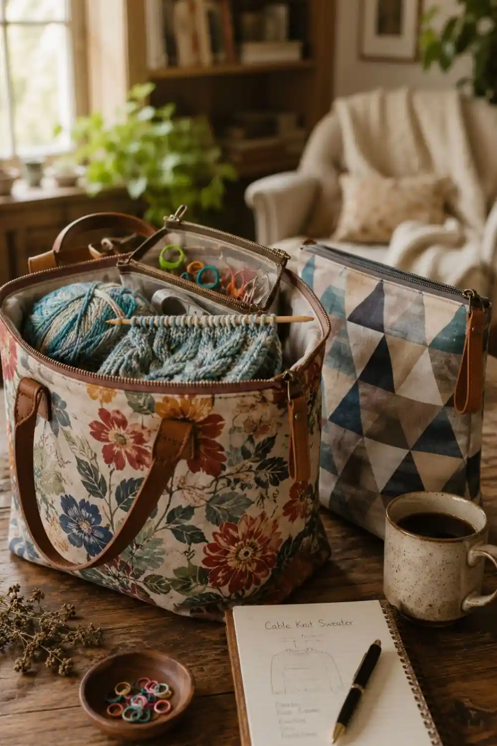 yarn storage solutions (4) two distinct, stylish zippered canvas project bags resting on a cozy, rustic wooden crafting table