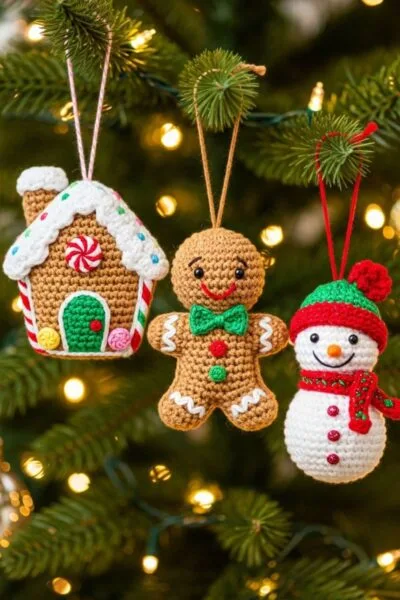 last minute crochet gifts, amigurumi inspired gingerbread house, man, and snowman