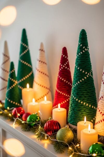 Stylized tabletop Christmas trees with thick yarn 