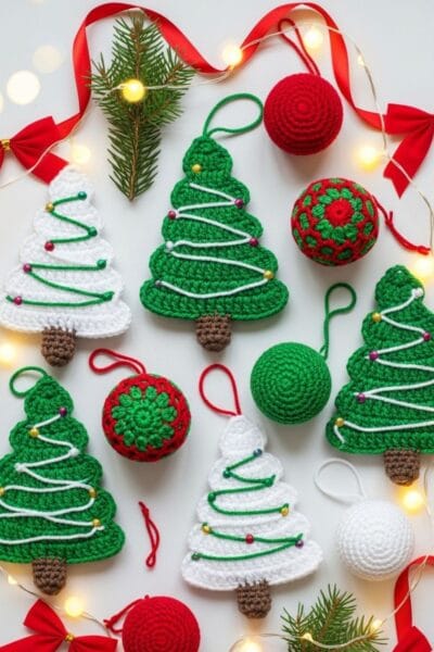 Illustration of a crochet inspired Christmas tree gift pouch with a star topper and festive background accents like snowflakes and warm lights.