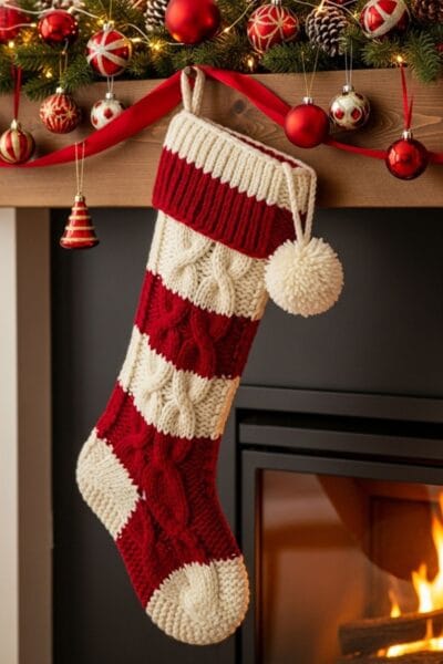 Large decorative Christmas stocking with rich textured knit or crochet effect, super bulky yarn style, cream and red tones, hanging from a mantel decorated with pine branches and ornaments, cozy warm lighting, clean Pinterest aesthetic.