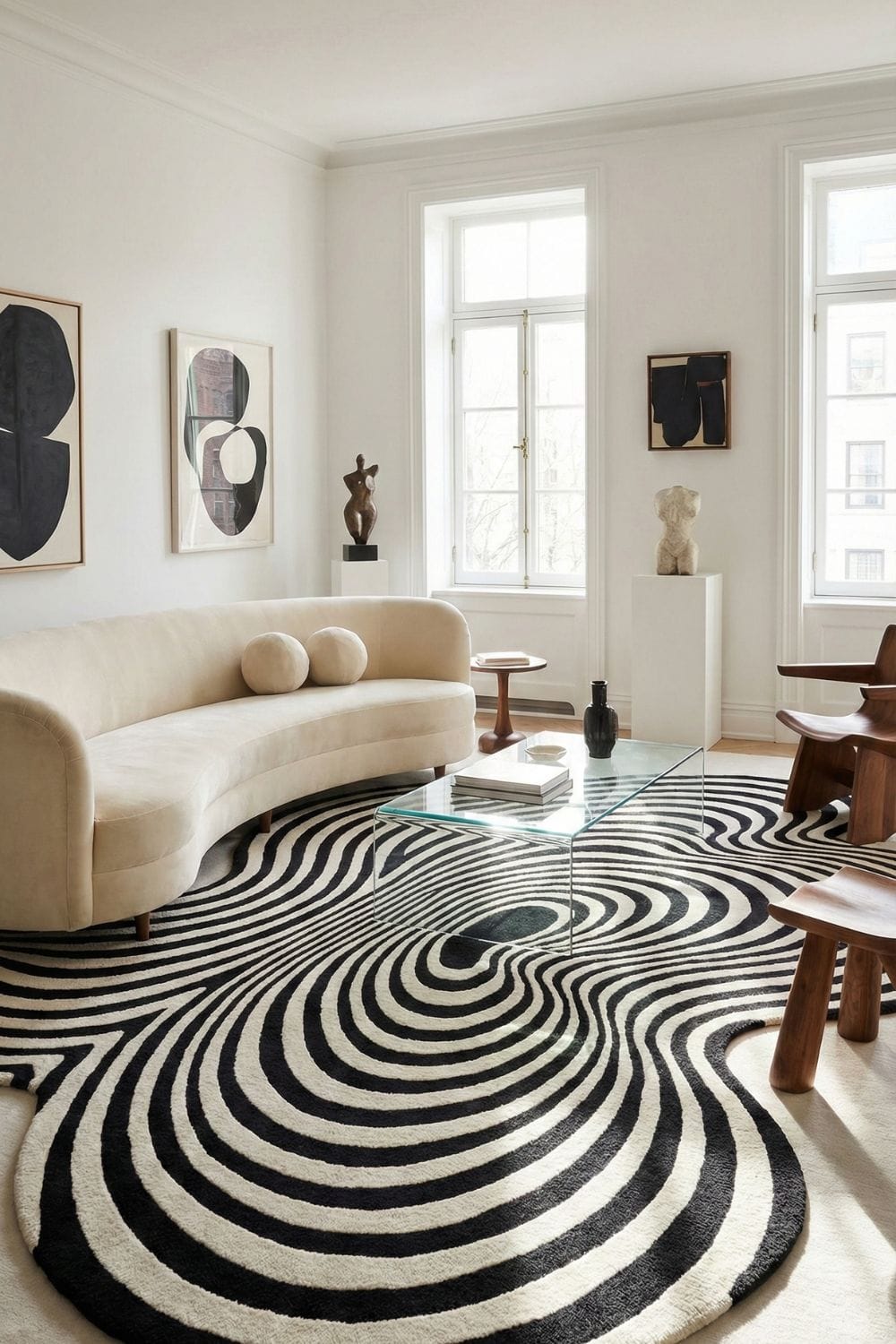Irregular shaped wool rug with optical illusion pattern in a modern art-inspired living room.