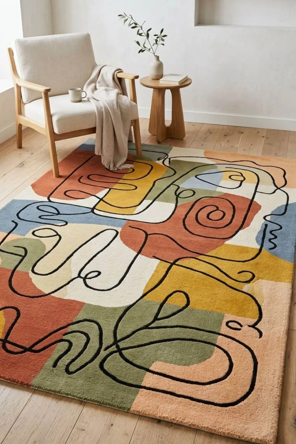 High pile and low pile textured rug close up, cozy modern interior, soft lighting, tactile surface detail