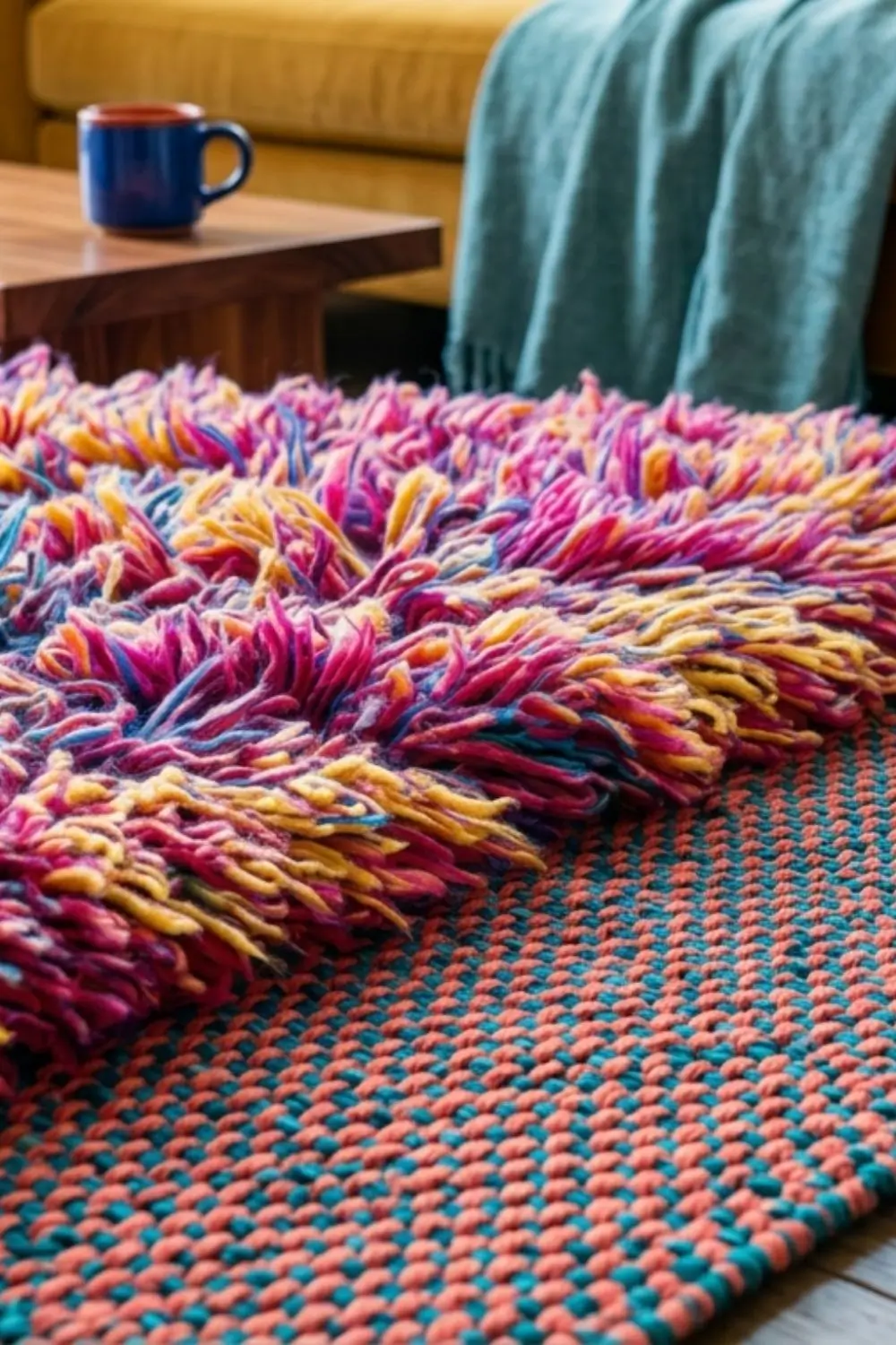 High pile and low pile textured rug close up, cozy modern interior, soft lighting, tactile surface detail