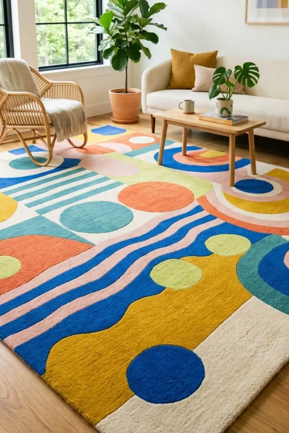 Large colorful rug with oversized shapes in a spacious living room, bold focal point, minimal furniture