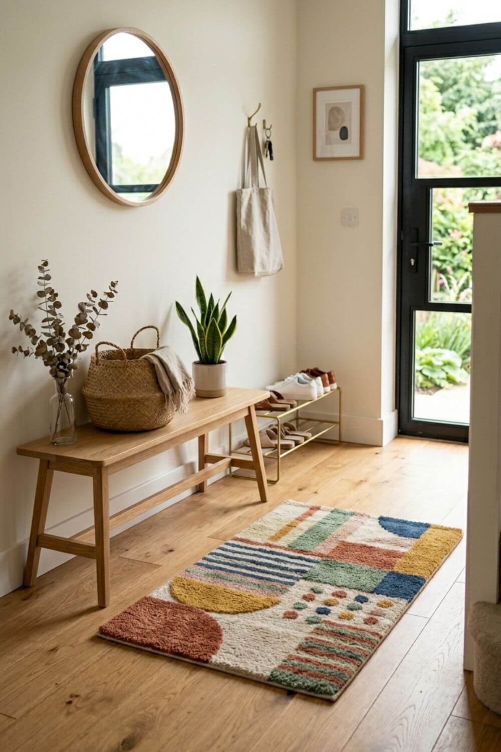 Small colorful accent rug in entryway, simple design, modern interior, subtle playful pattern