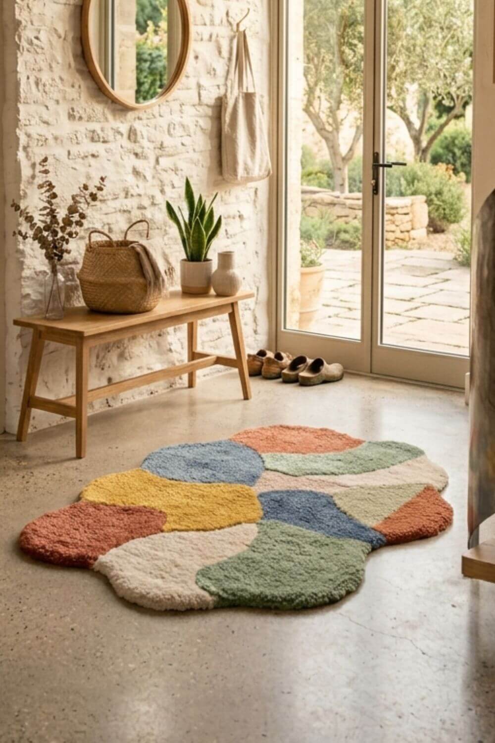 Irregular blob shaped rug in a minimalist room, organic edges, artistic modern interior, soft textures