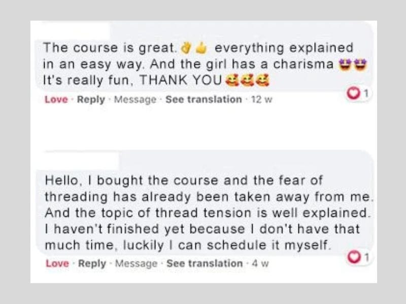 Student reviews and testimonials for the Love Your Serger online course for beginners