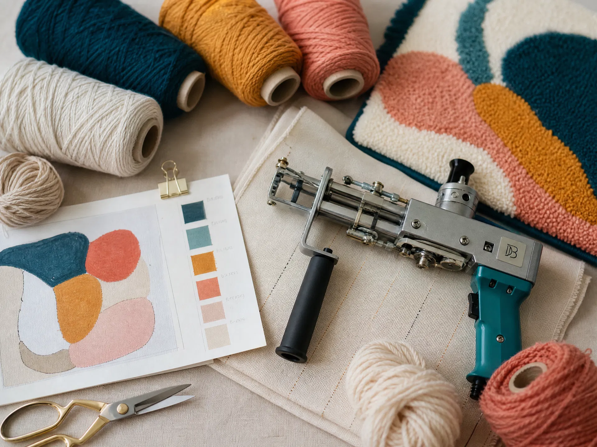 course-highlight-materials-AfVJPaXu7gPMHpULc3iPwG flatlay of tufting gun, yarn and pattern